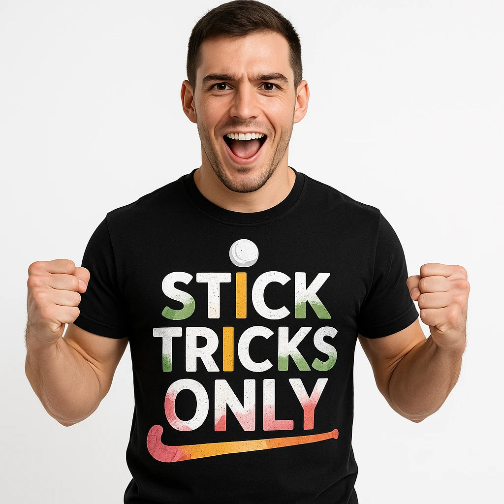 Close-up of the "Stick Tricks Only" white print on a premium Bella+Canvas black field hockey sweatshirt