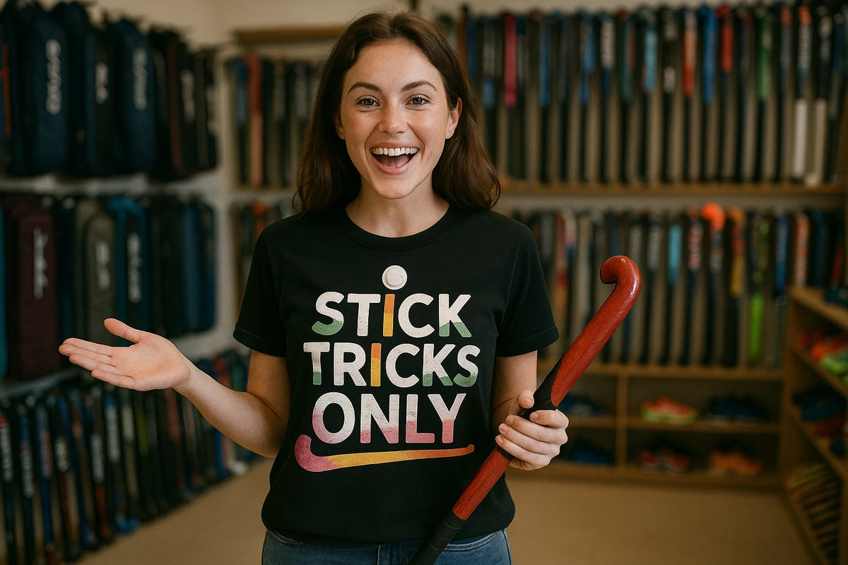 Lifestyle shot of the "Stick Tricks Only" black field hockey sweatshirt in a real-world setting