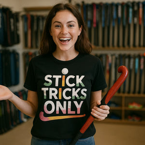 Lifestyle shot of the "Stick Tricks Only" black field hockey sweatshirt in a real-world setting