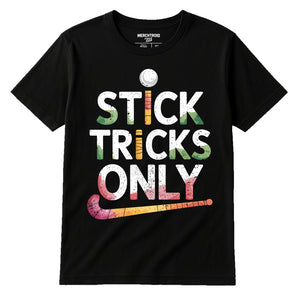 Black Field Hockey Sweatshirt - "Stick Tricks Only" graphic tee with white print, flat lay product photo