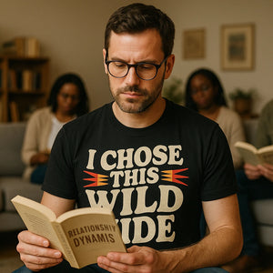 Lifestyle shot of the "I Chose This Wild Ride" black relationships shirts in a real-world setting