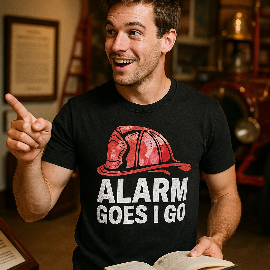 "Alarm Goes I Go" black firefighter tee shirts - also a firefighter fathers day gifts