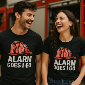 Person wearing the black firefighter tee shirts graphic tee - "Alarm Goes I Go" design