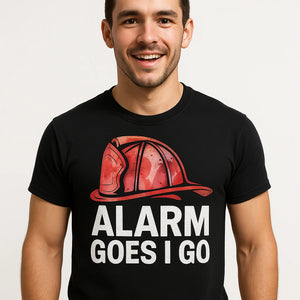 Close-up of the "Alarm Goes I Go" white print on a premium Bella+Canvas black firefighter tee shirts