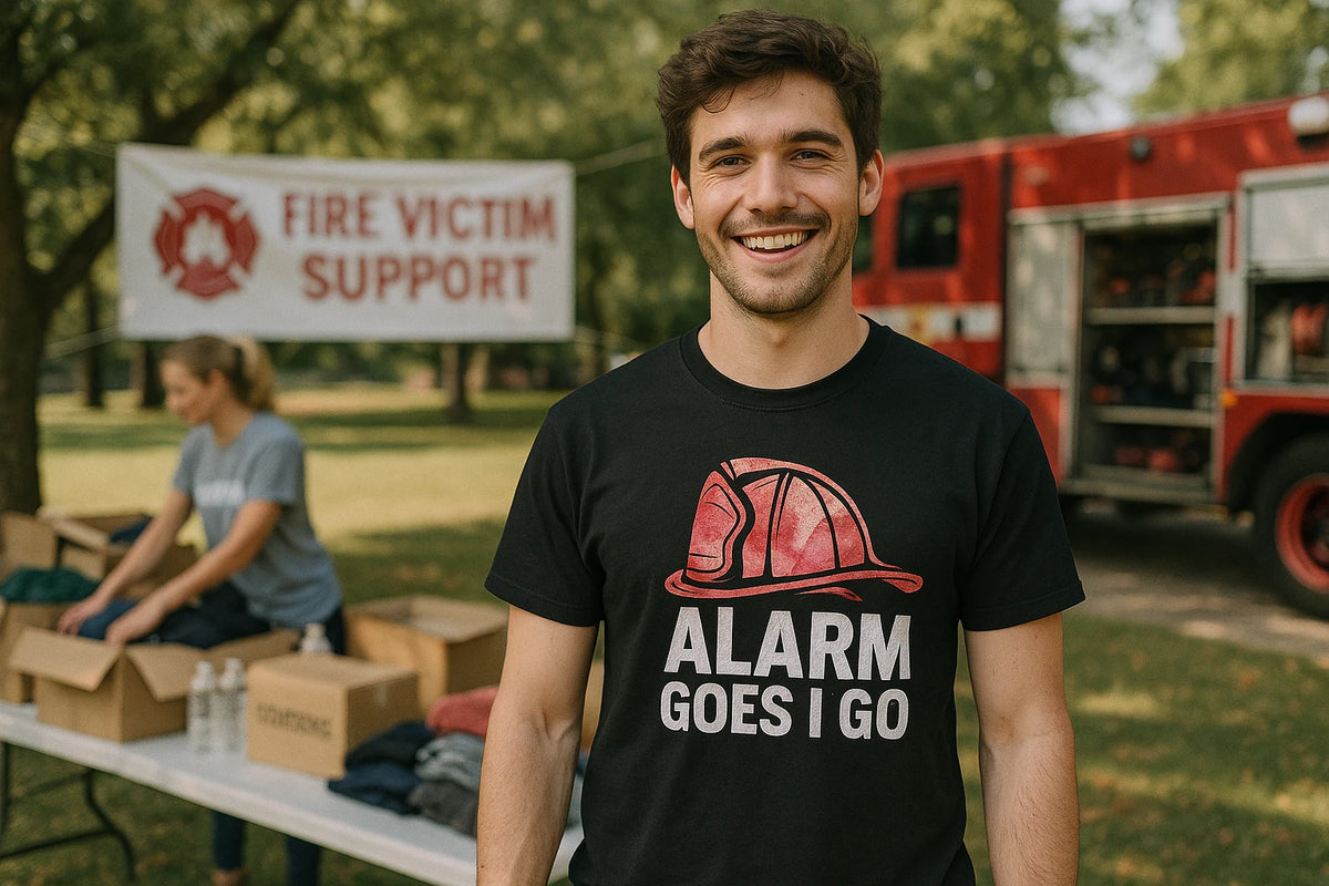 Lifestyle shot of the "Alarm Goes I Go" black firefighter tee shirts in a real-world setting