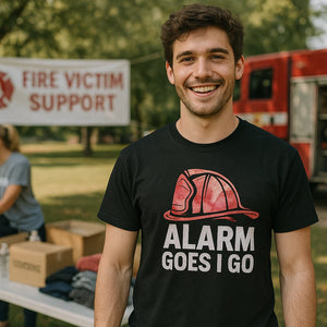 Lifestyle shot of the "Alarm Goes I Go" black firefighter tee shirts in a real-world setting