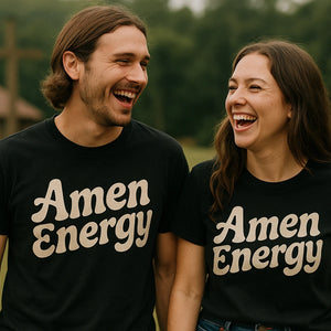 Person wearing the black love and faith shirts graphic tee - "Amen Energy" design