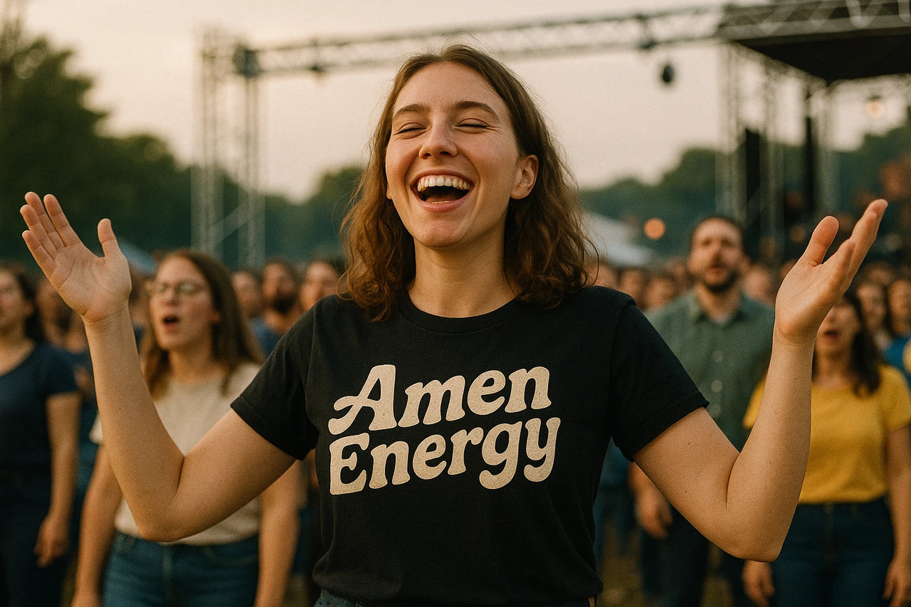 A person with shoulder-length brown hair is smiling broadly with arms raised, wearing a black T-shirt that says "Amen Energy." They are outdoors at a gathering, surrounded by other people who are also standing and appear to be enjoying the event. In the background, there is a stage setup with trees visible.
