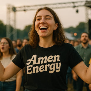 Lifestyle shot of the "Amen Energy" black love and faith shirts in a real-world setting