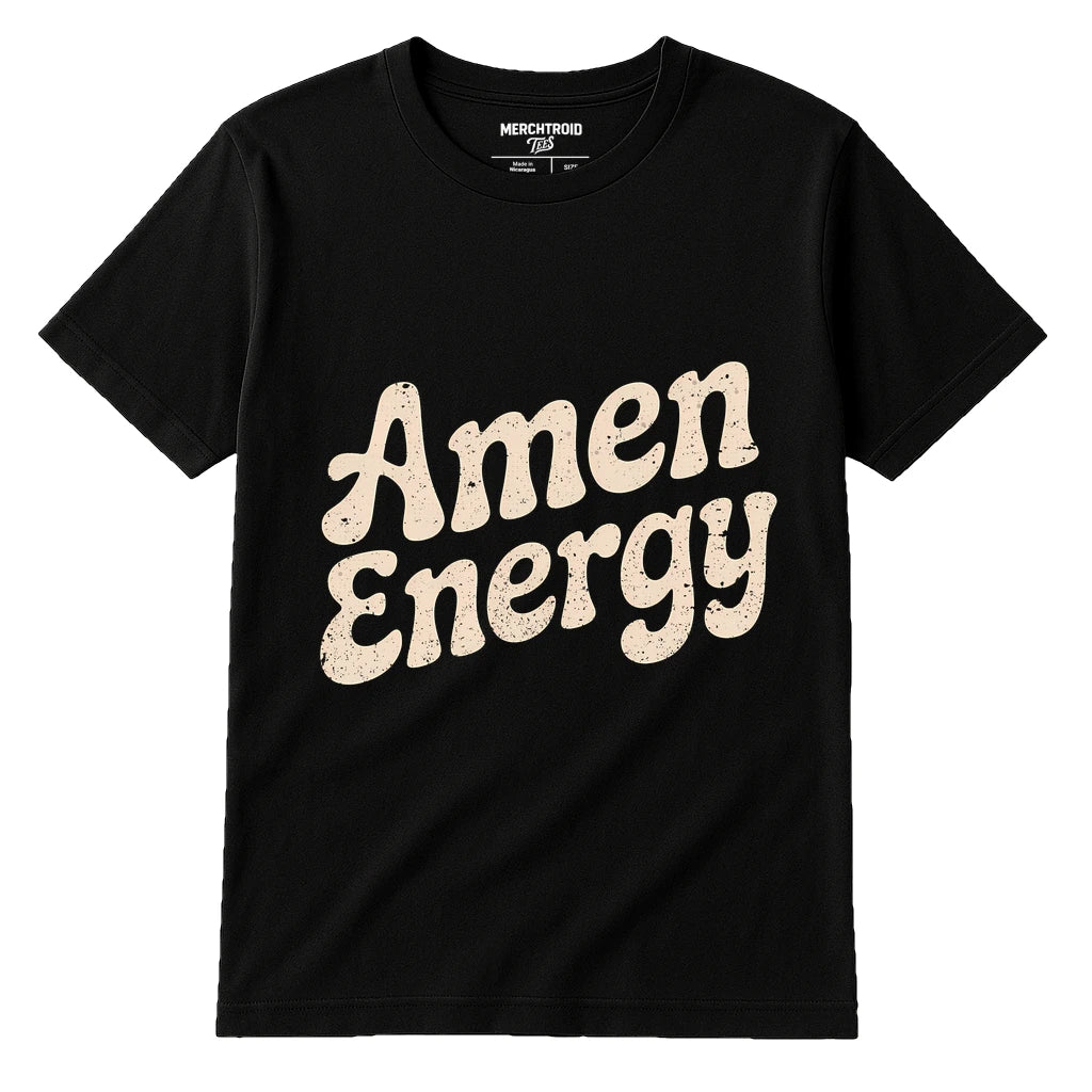 A black t-shirt featuring the phrase "Amen Energy" in a bold, vintage-style white font. The shirt is displayed against a white background, showing a simple, classic design.