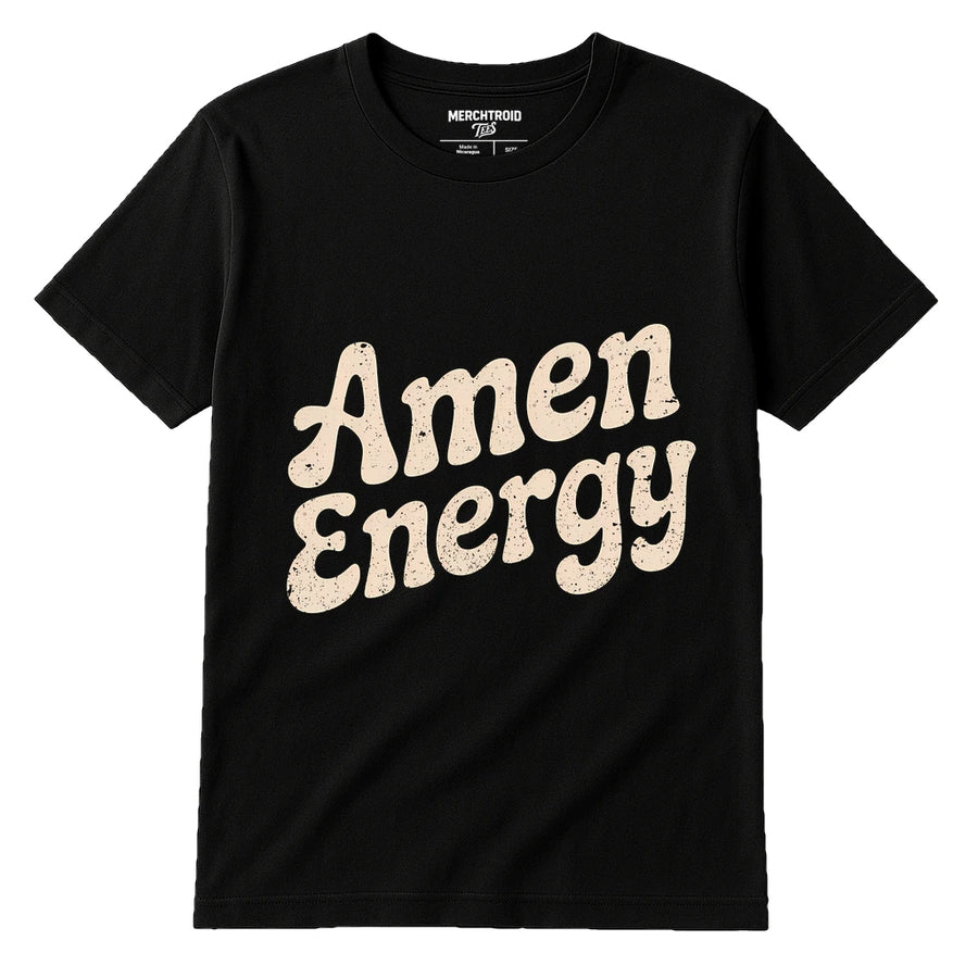 A black t-shirt featuring the phrase "Amen Energy" in a bold, vintage-style white font. The shirt is displayed against a white background, showing a simple, classic design.