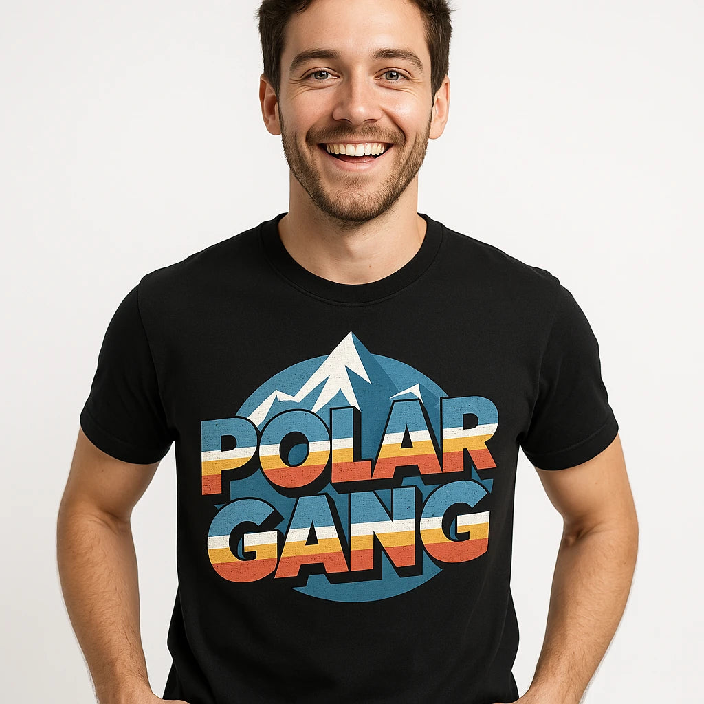 Close-up of the "Polar Gang" teal print on a premium Bella+Canvas black arctic cool men's shirts