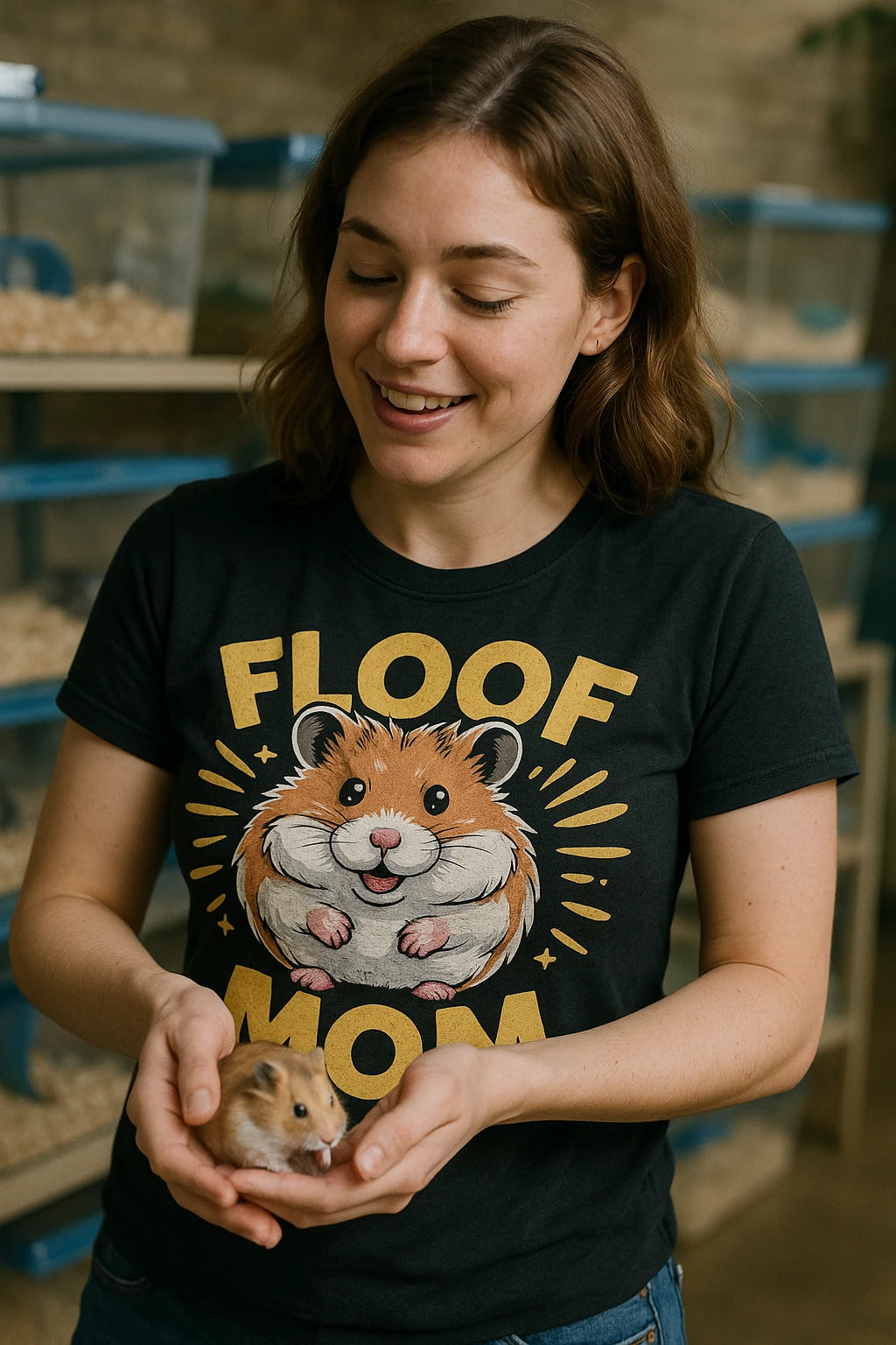 "Floof Mom" black hamster t shirt, photographed as gift for hamster lover