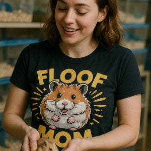 "Floof Mom" black hamster t shirt, photographed as gift for hamster lover