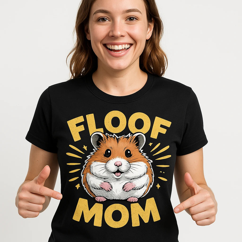 Close-up of the "Floof Mom" gold print on a premium Bella+Canvas black hamster t shirt
