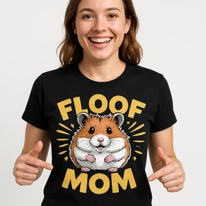 Close-up of the "Floof Mom" gold print on a premium Bella+Canvas black hamster t shirt