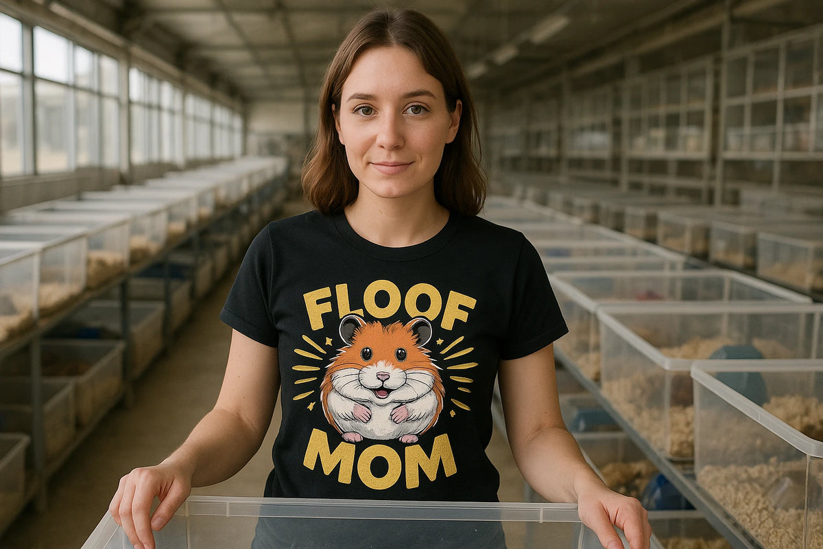 Lifestyle shot of the "Floof Mom" black hamster t shirt in a real-world setting