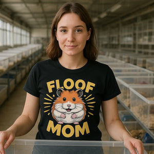 Lifestyle shot of the "Floof Mom" black hamster t shirt in a real-world setting