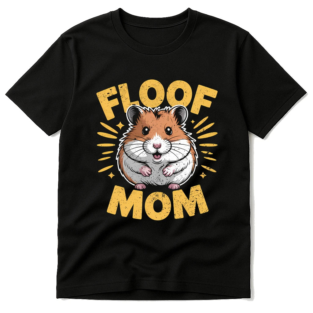 Black Hamster T Shirt - "Floof Mom" graphic tee with gold print, flat lay product photo