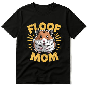 Black Hamster T Shirt - "Floof Mom" graphic tee with gold print, flat lay product photo