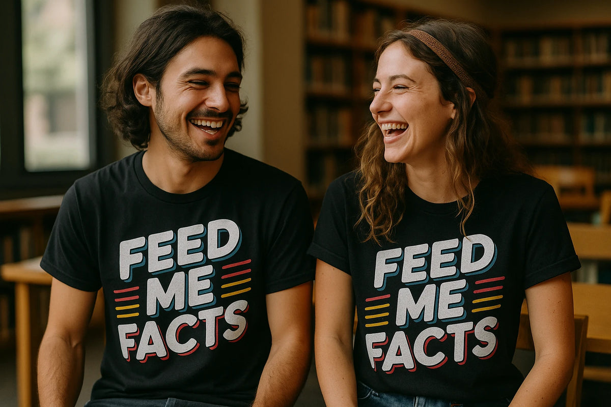 Person wearing the black studying t shirt graphic tee - "Feed Me Facts" design