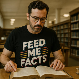 Lifestyle shot of the "Feed Me Facts" black studying t shirt in a real-world setting