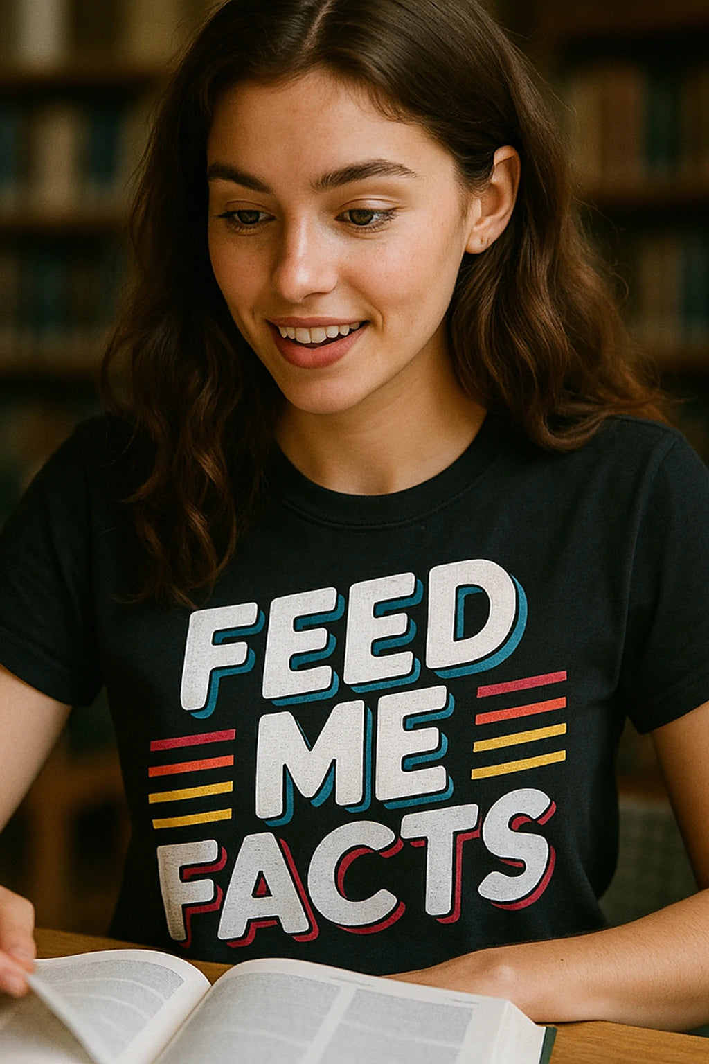 "Feed Me Facts" black studying t shirt, photographed as studying lover gift