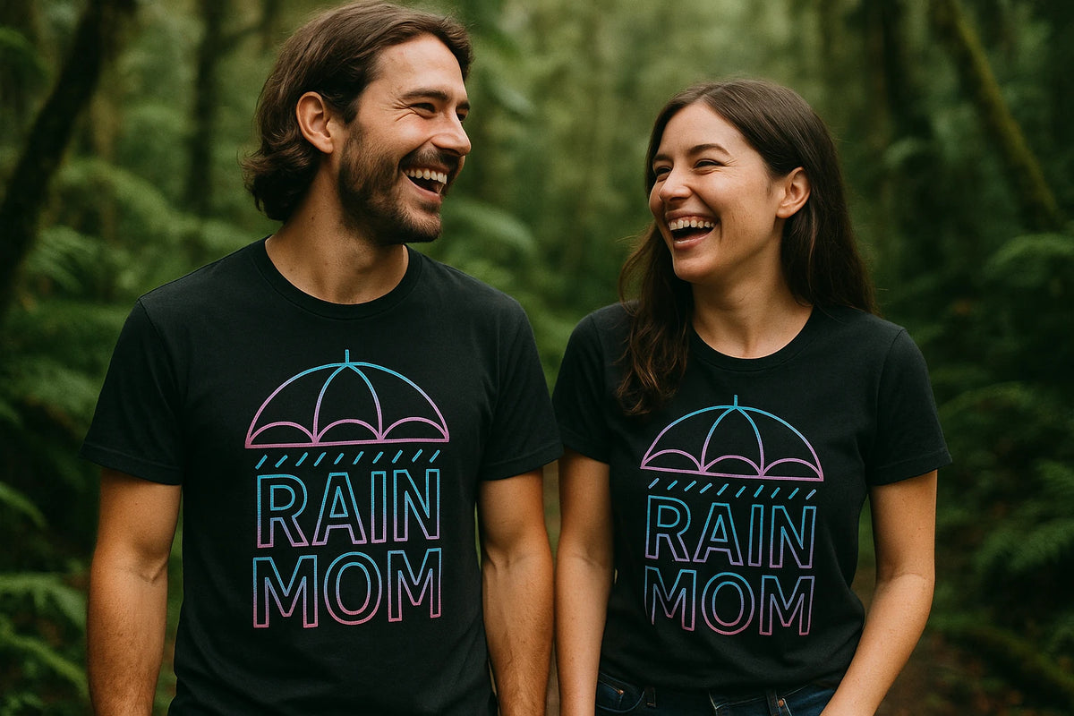 Person wearing the black rain shirts graphic tee - "Rain Mom" design