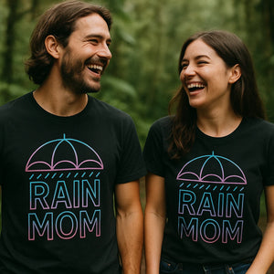 Person wearing the black rain shirts graphic tee - "Rain Mom" design