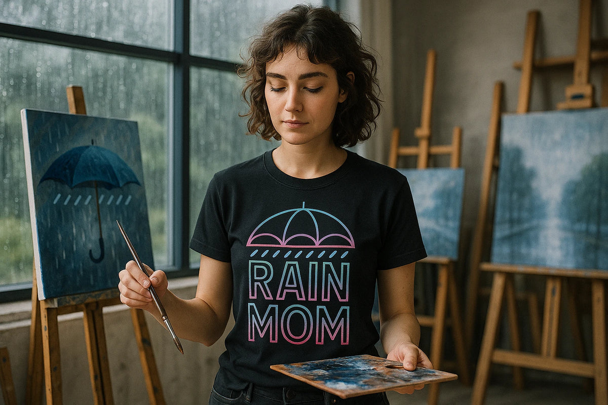Lifestyle shot of the "Rain Mom" black rain shirts in a real-world setting
