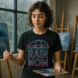Lifestyle shot of the "Rain Mom" black rain shirts in a real-world setting