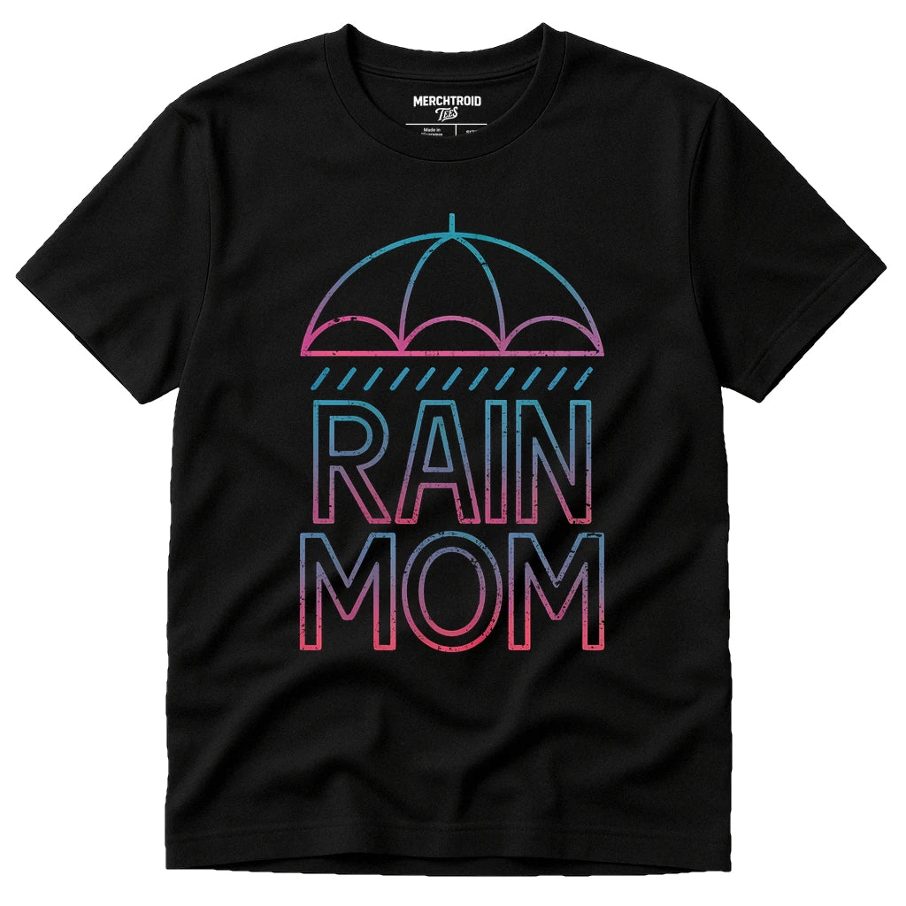 Black Rain Shirts - "Rain Mom" graphic tee with teal print, flat lay product photo