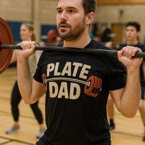 "Plate Dad" black weightlifting tee shirts - a birthday gift for weightlifting lover