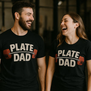 Person wearing the black weightlifting tee shirts graphic tee - "Plate Dad" design