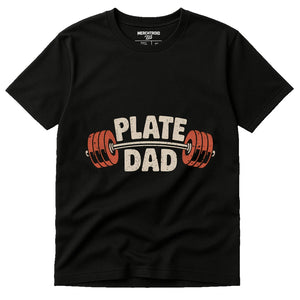 Black Weightlifting Tee Shirts - "Plate Dad" graphic tee with beige print, flat lay product photo