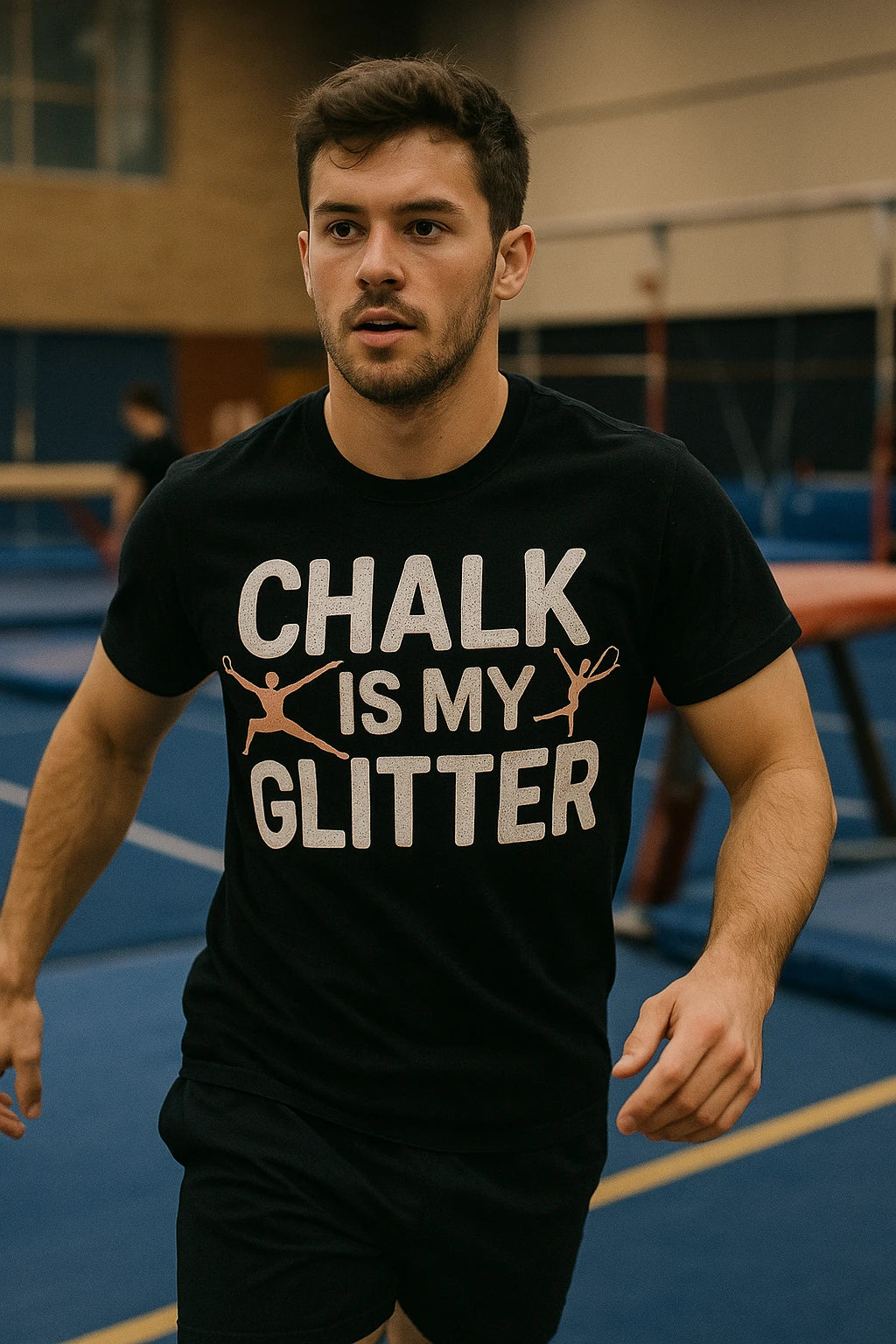 "Chalk Is My Glitter" black gymnastics mom t shirt, photographed as gift for gymnastics lover