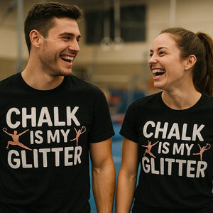 Person wearing the black gymnastics mom t shirt graphic tee - "Chalk Is My Glitter" design