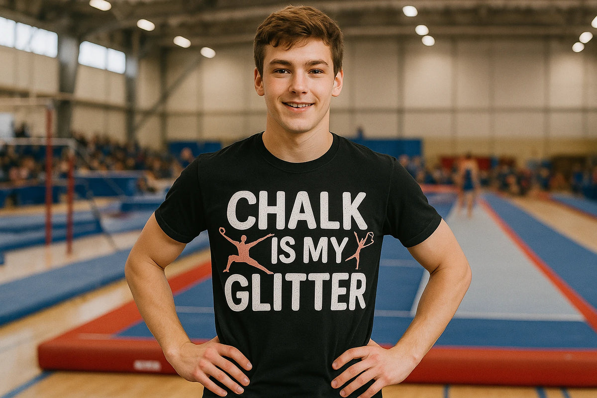Lifestyle shot of the "Chalk Is My Glitter" black gymnastics mom t shirt in a real-world setting