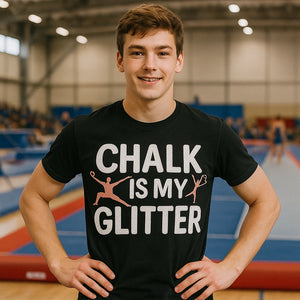 Lifestyle shot of the "Chalk Is My Glitter" black gymnastics mom t shirt in a real-world setting