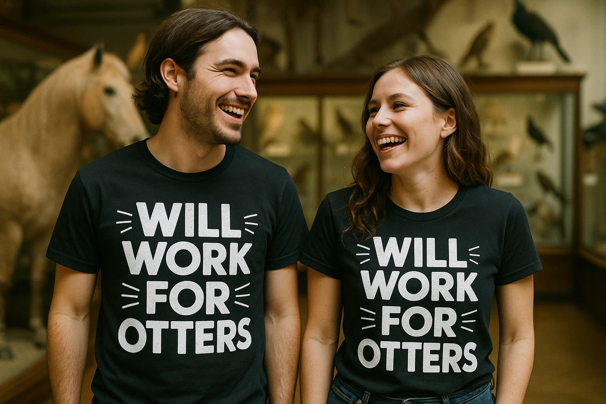 Person wearing the black zoology t shirt graphic tee - "Will Work for Otters" design