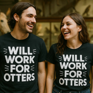 Person wearing the black zoology t shirt graphic tee - "Will Work for Otters" design