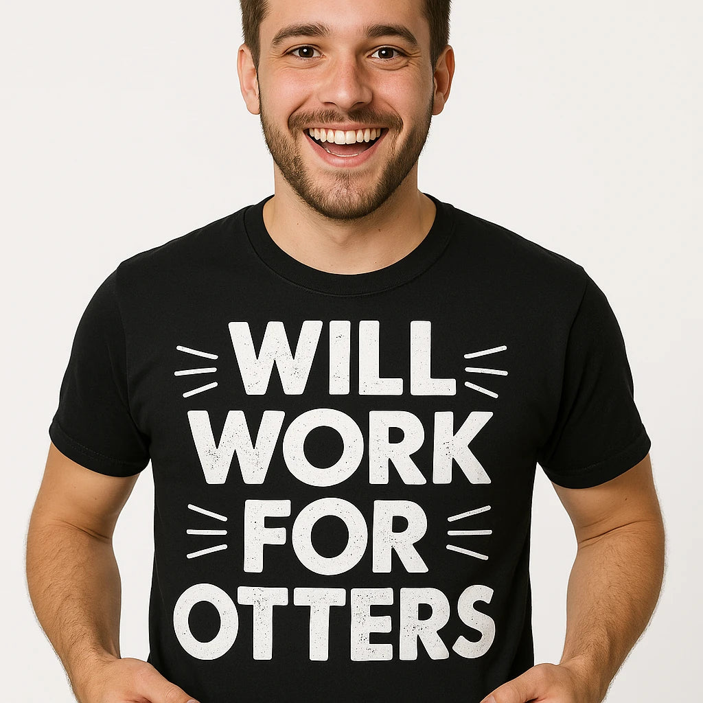 Close-up of the "Will Work for Otters" white print on a premium Bella+Canvas black zoology t shirt