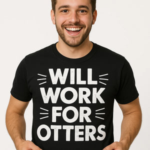 Close-up of the "Will Work for Otters" white print on a premium Bella+Canvas black zoology t shirt