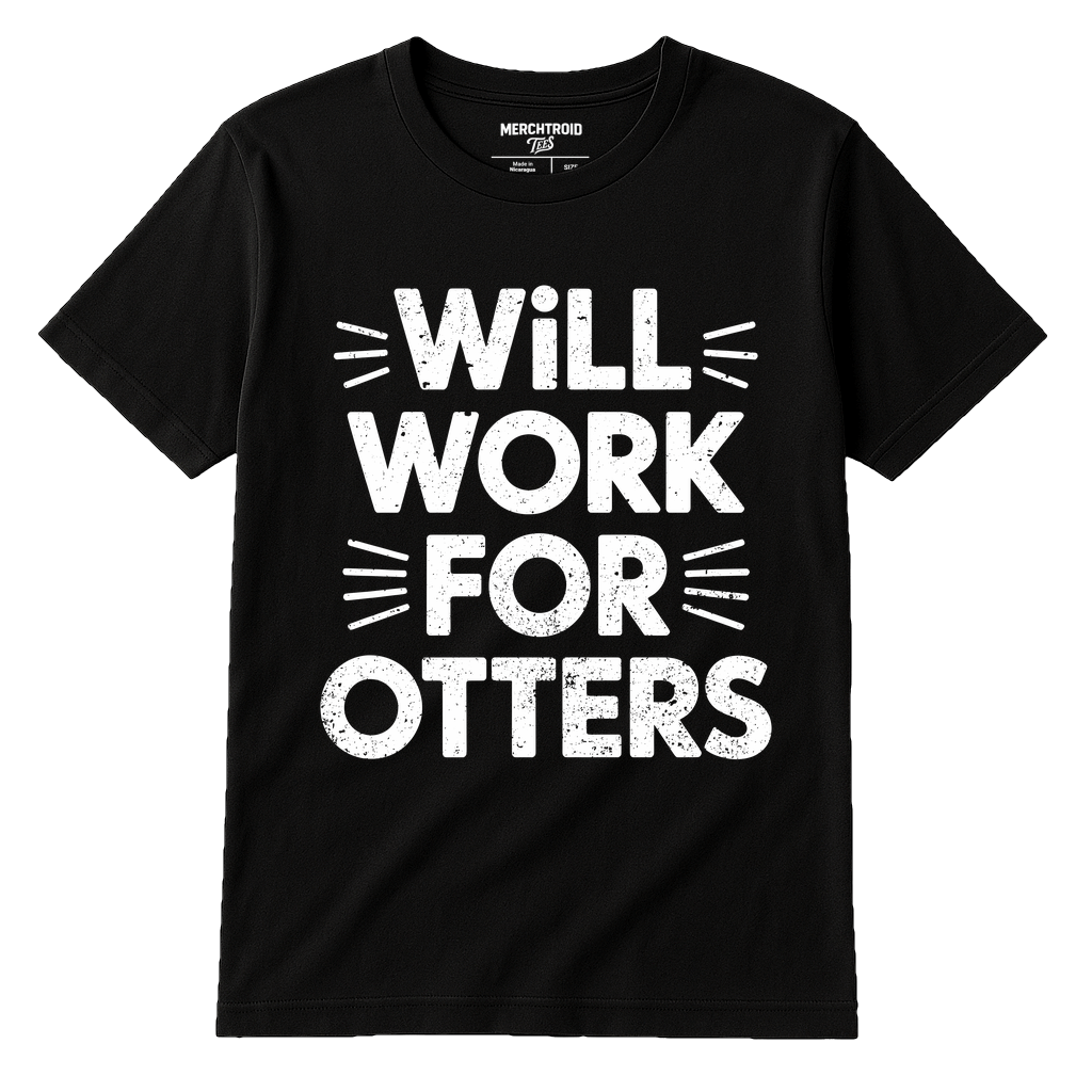 Black Zoology T Shirt - "Will Work for Otters" graphic tee with white print, flat lay product photo