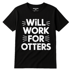 Black Zoology T Shirt - "Will Work for Otters" graphic tee with white print, flat lay product photo