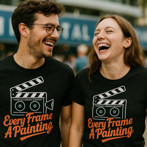 Person wearing the black film director t shirt graphic tee - "Every Frame a Painting" design