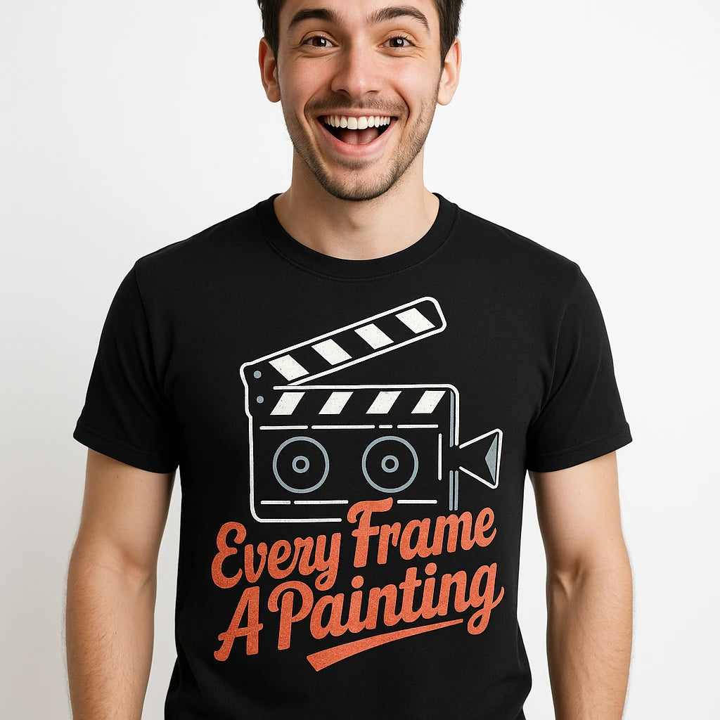 Close-up of the "Every Frame a Painting" orange print on a premium Bella+Canvas black film director t shirt