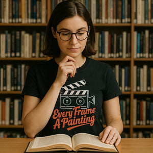 Lifestyle shot of the "Every Frame a Painting" black film director t shirt in a real-world setting