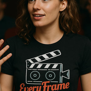 "Every Frame a Painting" black film director t shirt, photographed as film director lover gift