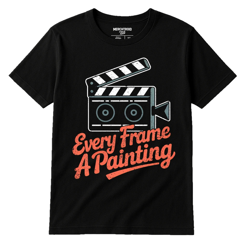 Black Film Director T Shirt - "Every Frame a Painting" graphic tee with orange print, flat lay product photo
